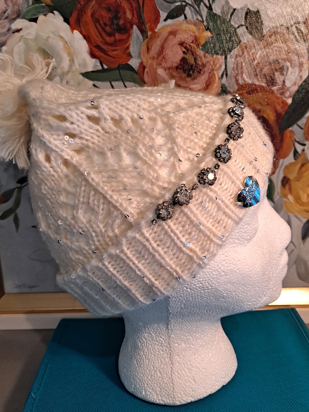 Betsey Johnson Ivory Crystal-Embellished Sequined Pom Beanie